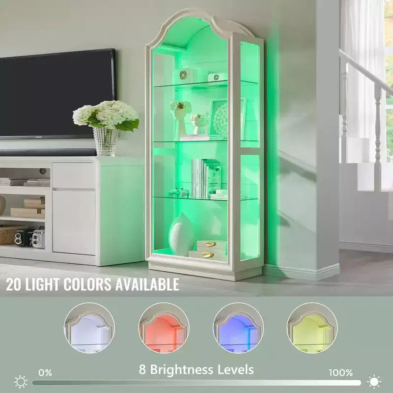 72 Arched Kitchen Pantry, 4-Tier Glass Display Cabinet with 20 Color LED Lights, Modern Display Case Shelf for Living Room