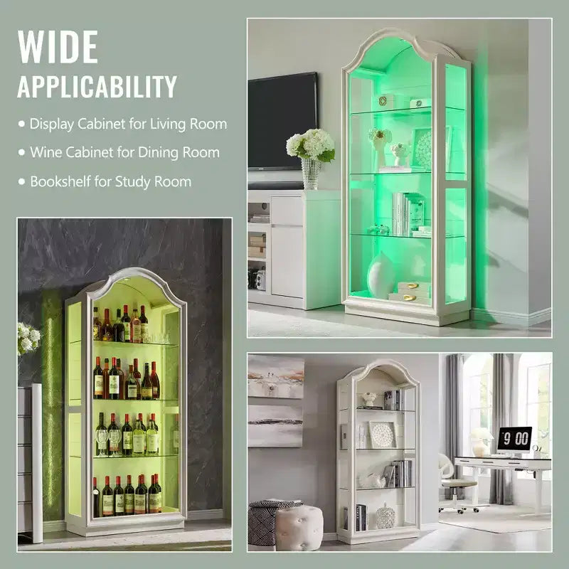 72 Arched Kitchen Pantry, 4-Tier Glass Display Cabinet with 20 Color LED Lights, Modern Display Case Shelf for Living Room