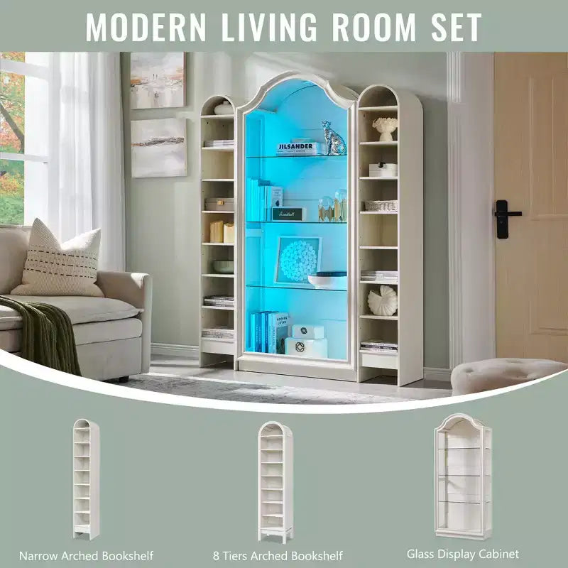 72 Arched Kitchen Pantry, 4-Tier Glass Display Cabinet with 20 Color LED Lights, Modern Display Case Shelf for Living Room