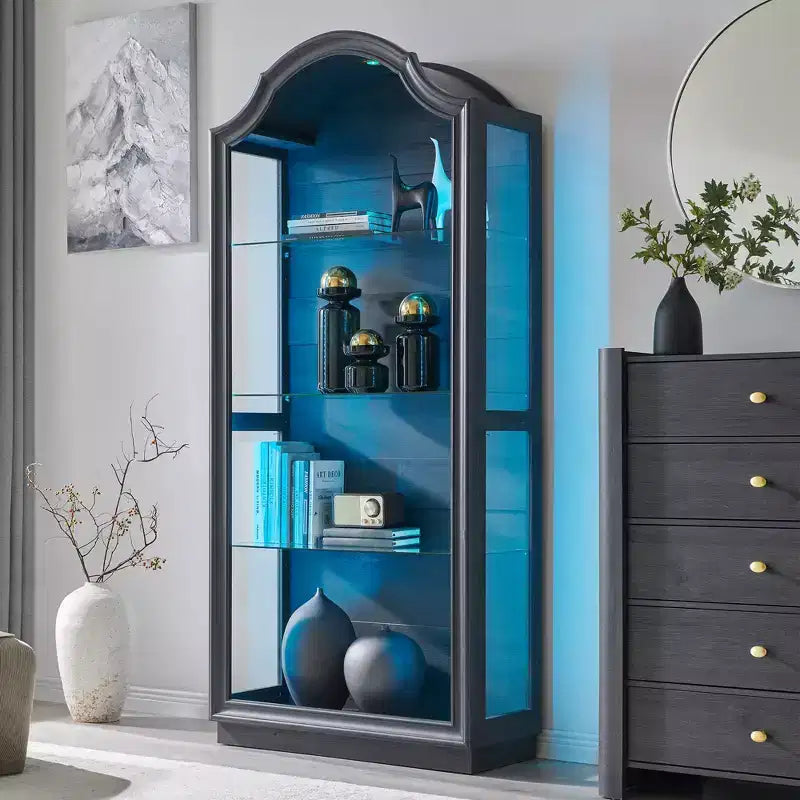 72" Arched Kitchen Pantry, 4-Tier Glass Display Cabinet with 20-Color LED Lights, Modern Display Shelf for Living Room