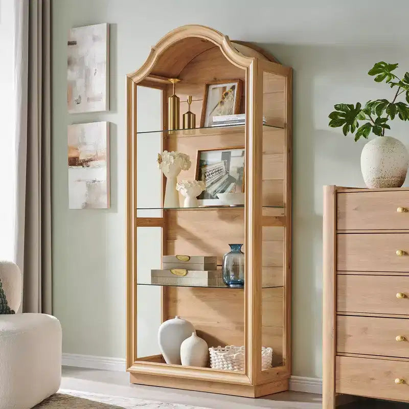 72" Arched Kitchen Pantry, 4-Tier Glass Display Cabinet with 20-Color LED Lights, Modern Display Shelf for Living Room