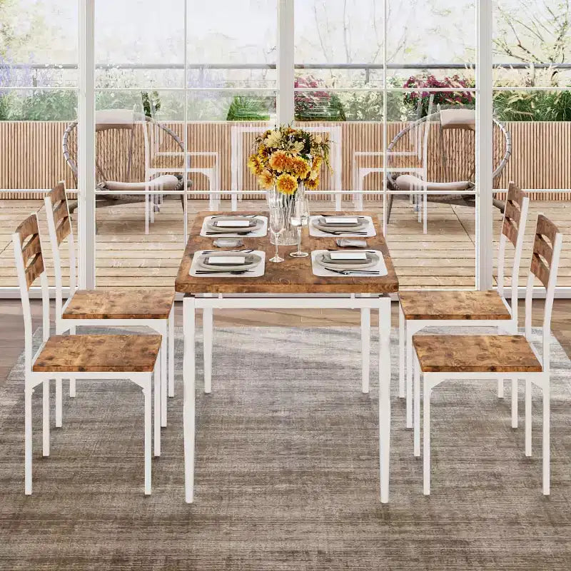 COZONY 5 Piece Dining Table Set, Industrial Style Kitchen Table and Chairs for 4, Rustic Modern Design w/ Metal Legs, Compact Space Saving