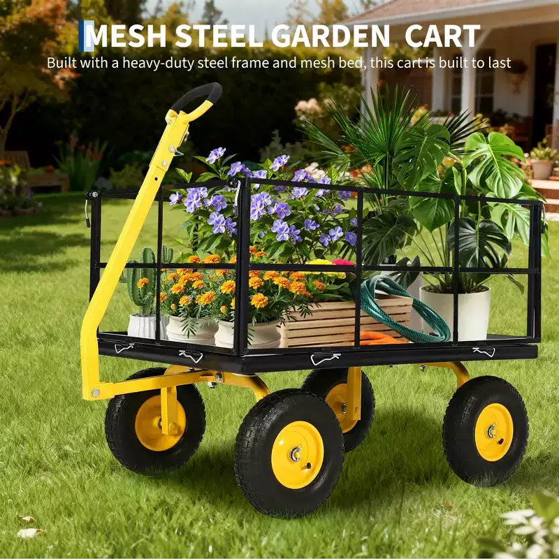1400 Lbs Steel Garden Cart Heavy Duty 2-in-1 Yard Wagon with Removable Mesh Sides 13 All Terrain Tires & 180 Handle