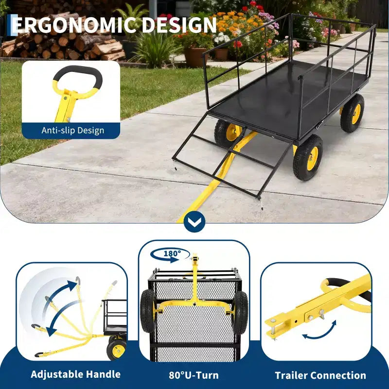 1400 Lbs Steel Garden Cart Heavy Duty 2-in-1 Yard Wagon with Removable Mesh Sides 13 All Terrain Tires & 180 Handle