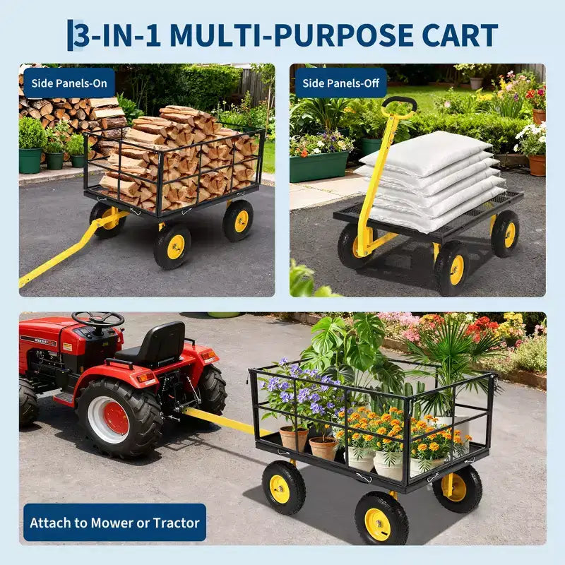 1400 Lbs Steel Garden Cart Heavy Duty 2-in-1 Yard Wagon with Removable Mesh Sides 13 All Terrain Tires & 180 Handle