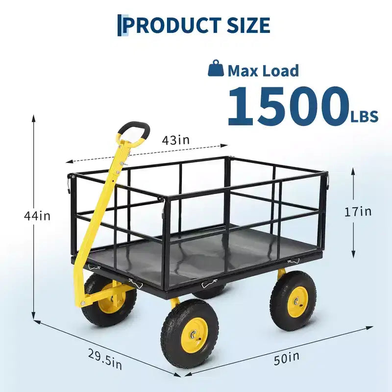 1400 Lbs Steel Garden Cart Heavy Duty 2-in-1 Yard Wagon with Removable Mesh Sides 13 All Terrain Tires & 180 Handle