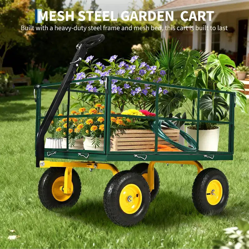 1400 Lbs Steel Garden Cart Heavy Duty 2-in-1 Yard Wagon with Removable Mesh Sides 13 All Terrain Tires & 180 Handle