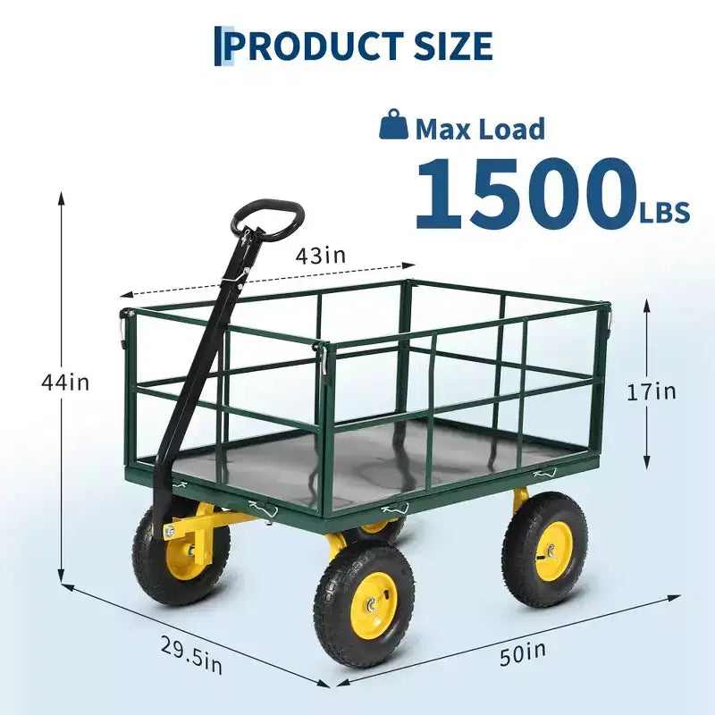 1400 Lbs Steel Garden Cart Heavy Duty 2-in-1 Yard Wagon with Removable Mesh Sides 13 All Terrain Tires & 180 Handle