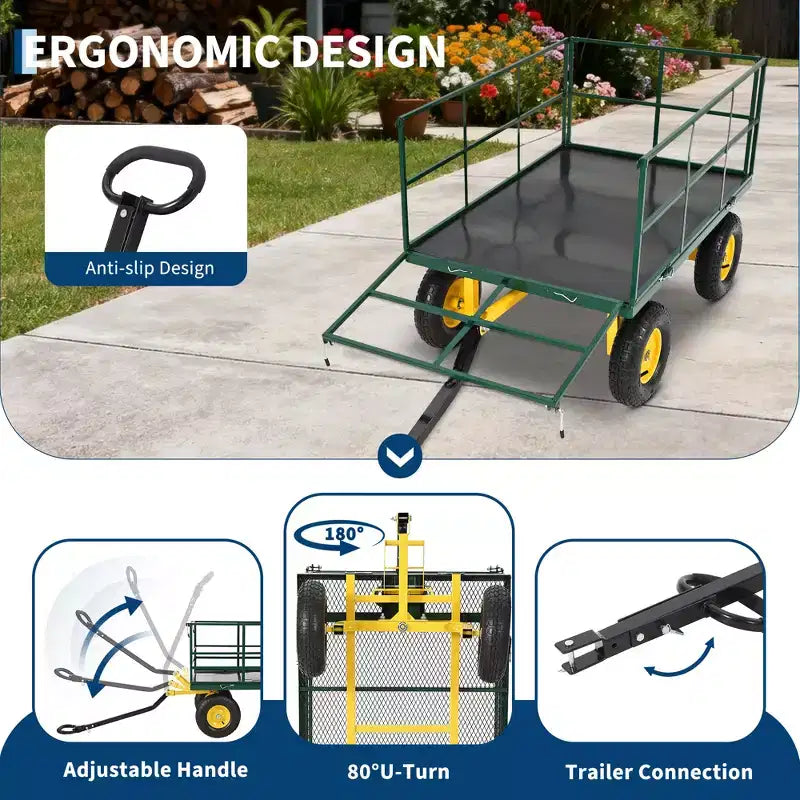 1400 Lbs Steel Garden Cart Heavy Duty 2-in-1 Yard Wagon with Removable Mesh Sides 13 All Terrain Tires & 180 Handle