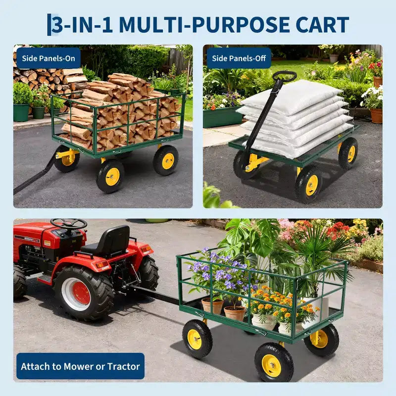 1400 Lbs Steel Garden Cart Heavy Duty 2-in-1 Yard Wagon with Removable Mesh Sides 13 All Terrain Tires & 180 Handle