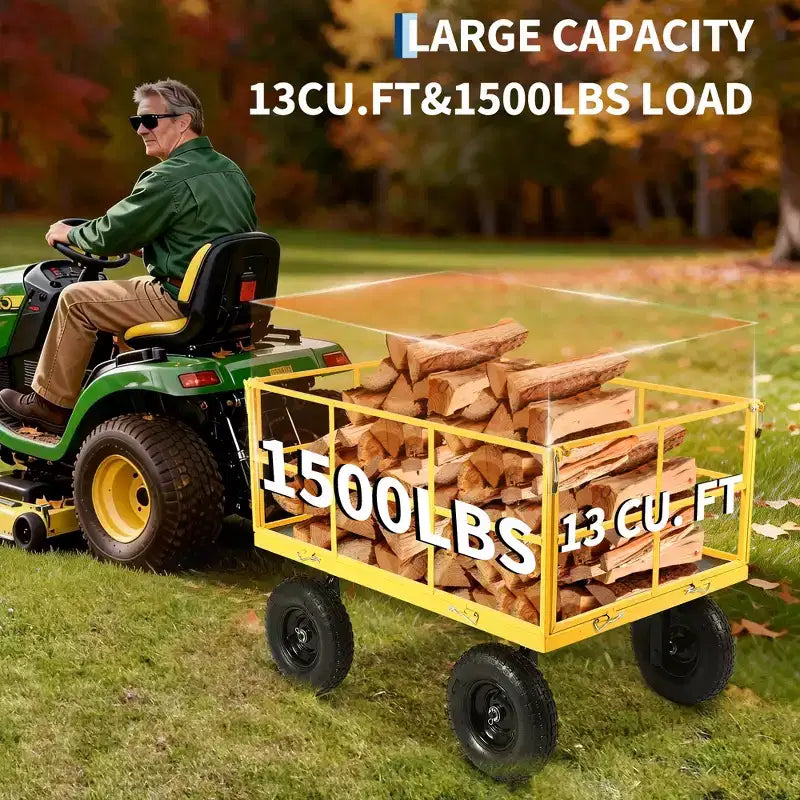 1400 Lbs Steel Garden Cart Heavy Duty 2-in-1 Yard Wagon with Removable Mesh Sides 13 All Terrain Tires & 180 Handle