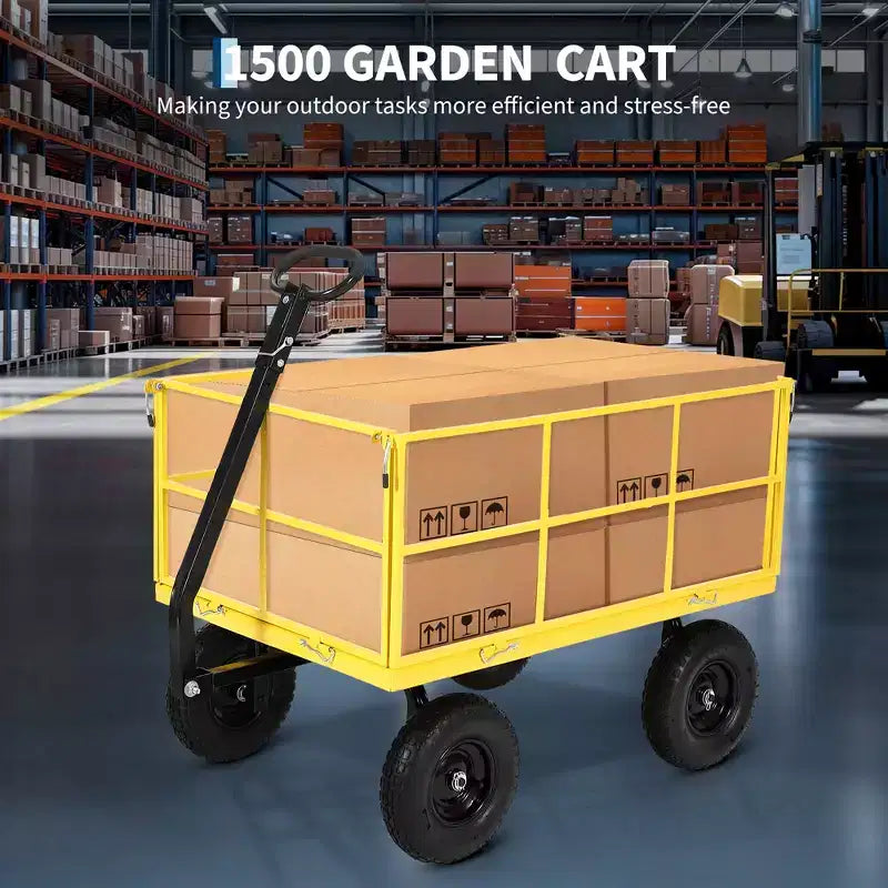 1400 Lbs Steel Garden Cart Heavy Duty 2-in-1 Yard Wagon with Removable Mesh Sides 13 All Terrain Tires & 180 Handle