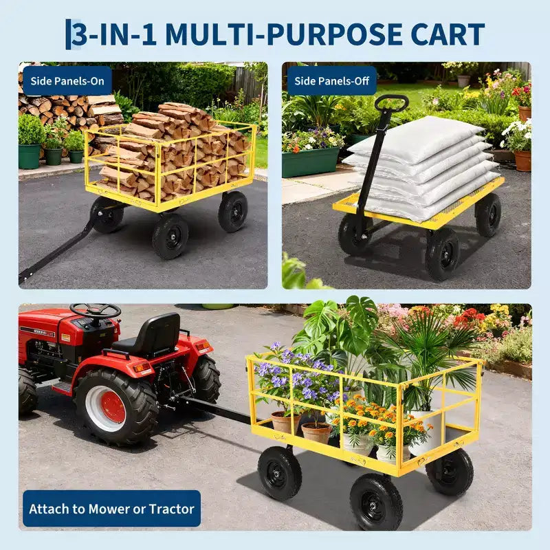 1400 Lbs Steel Garden Cart Heavy Duty 2-in-1 Yard Wagon with Removable Mesh Sides 13 All Terrain Tires & 180 Handle