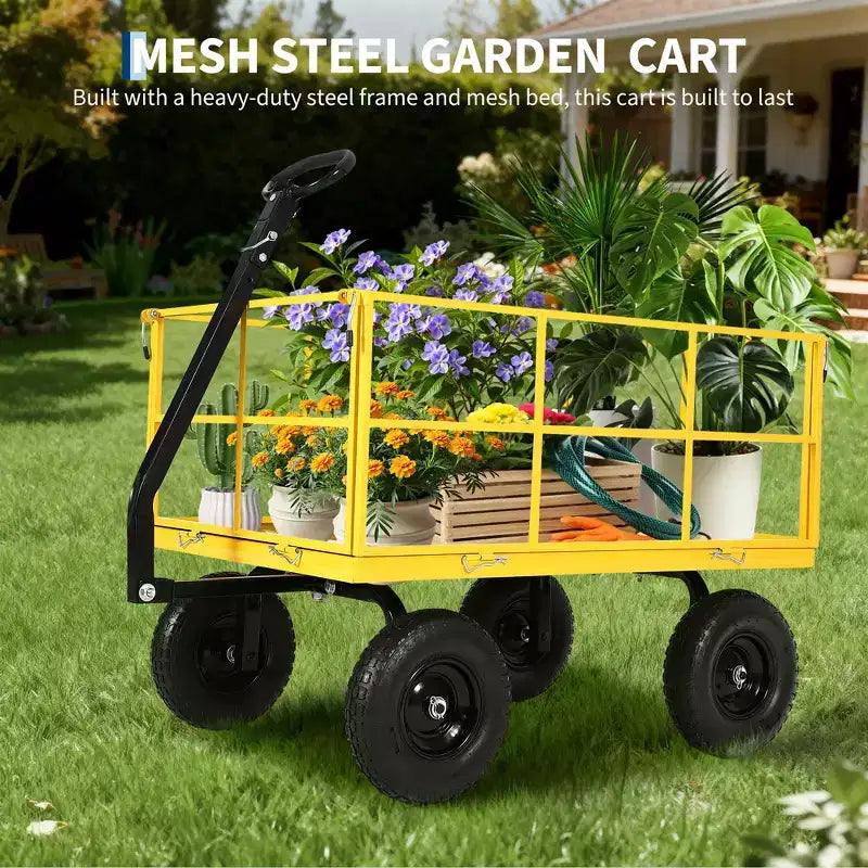 1400 Lbs Steel Garden Cart Heavy Duty 2-in-1 Yard Wagon with Removable Mesh Sides 13 All Terrain Tires & 180 Handle