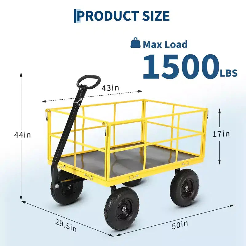 1400 Lbs Steel Garden Cart Heavy Duty 2-in-1 Yard Wagon with Removable Mesh Sides 13 All Terrain Tires & 180 Handle