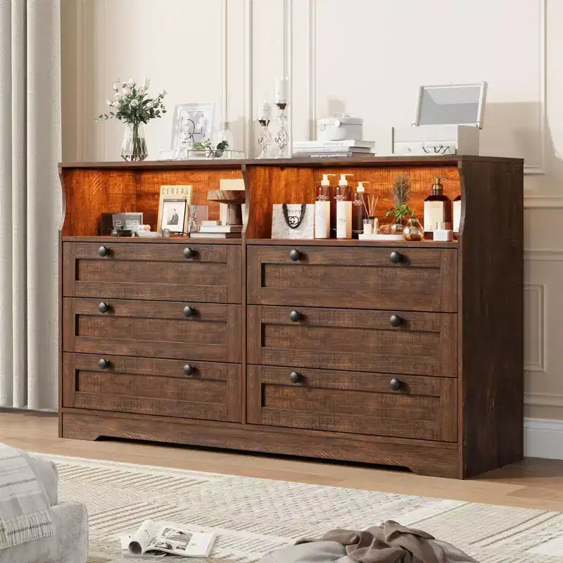 Wood Dresser, 55 Wide 6 Drawer Chest, Perfect for Organizing Bedroom, Living Room, Closet, and Hallway