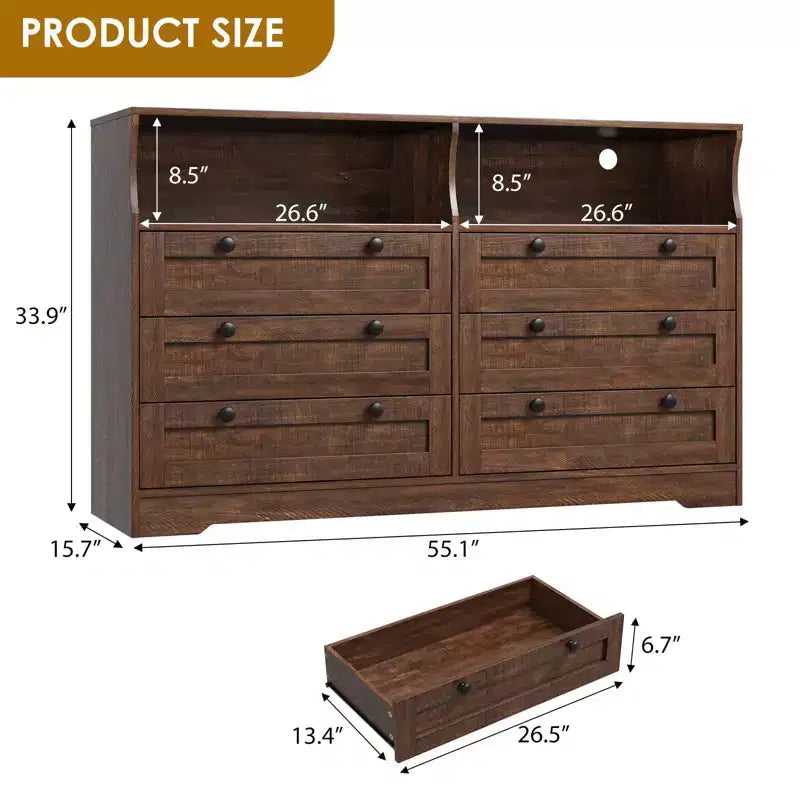 Wood Dresser, 55 Wide 6 Drawer Chest, Perfect for Organizing Bedroom, Living Room, Closet, and Hallway