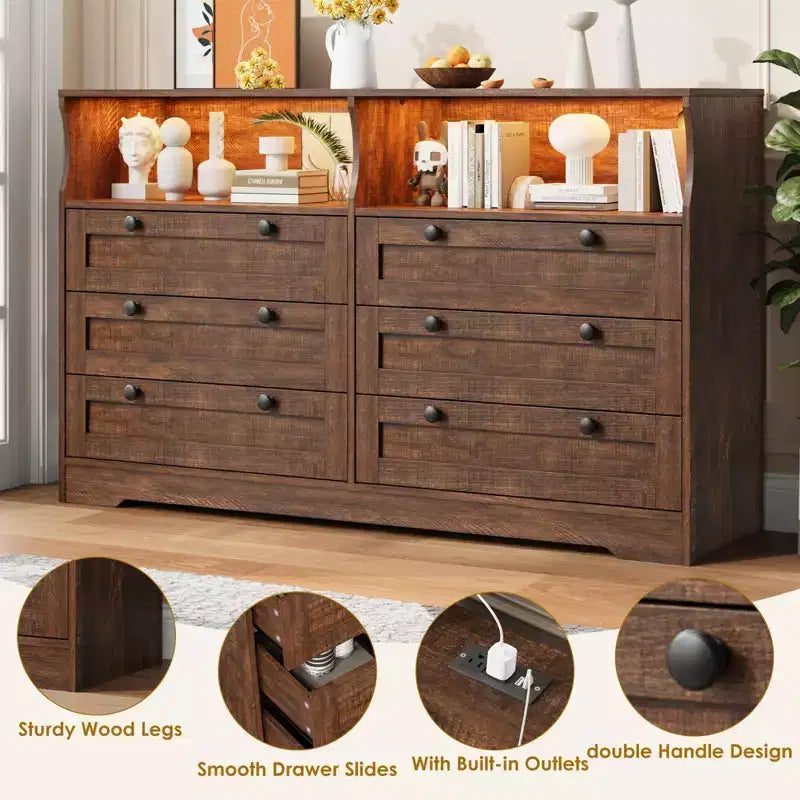Wood Dresser, 55 Wide 6 Drawer Chest, Perfect for Organizing Bedroom, Living Room, Closet, and Hallway
