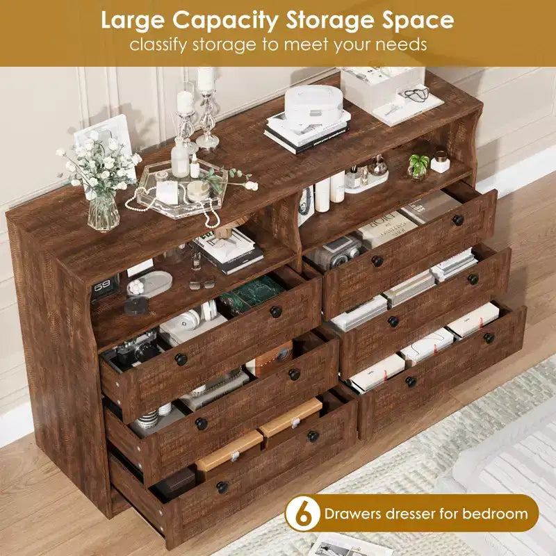 Wood Dresser, 55 Wide 6 Drawer Chest, Perfect for Organizing Bedroom, Living Room, Closet, and Hallway