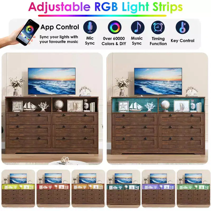 Wood Dresser, 55 Wide 6 Drawer Chest, Perfect for Organizing Bedroom, Living Room, Closet, and Hallway