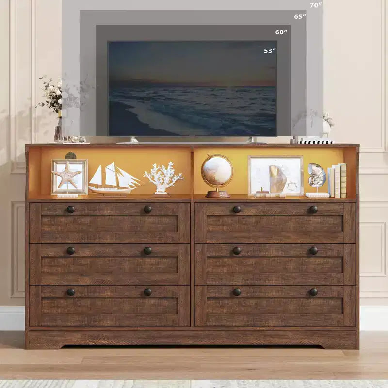 Wood Dresser, 55 Wide 6 Drawer Chest, Perfect for Organizing Bedroom, Living Room, Closet, and Hallway