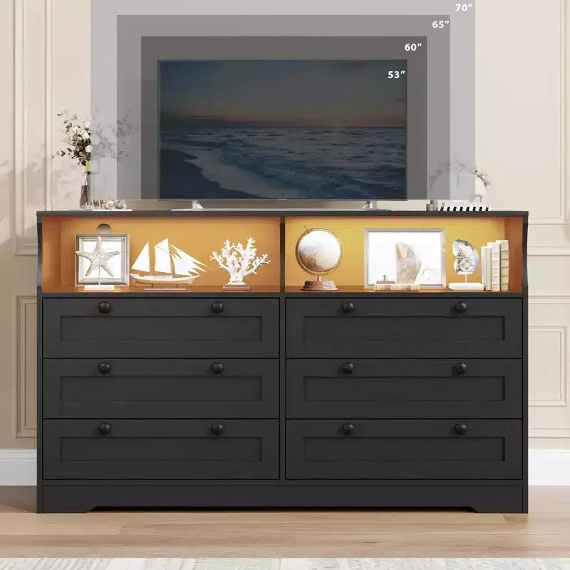 Wood Dresser, 55 Wide 6 Drawer Chest, Perfect for Organizing Bedroom, Living Room, Closet, and Hallway