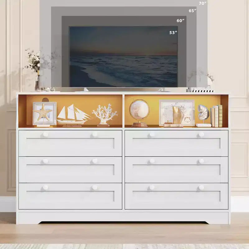 Wood Dresser, 55 Wide 6 Drawer Chest, Perfect for Organizing Bedroom, Living Room, Closet, and Hallway