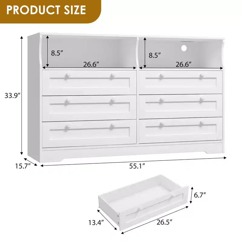 Wood Dresser, 55 Wide 6 Drawer Chest, Perfect for Organizing Bedroom, Living Room, Closet, and Hallway