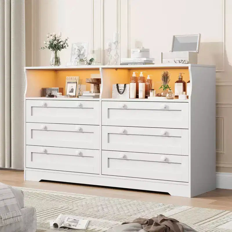 Wood Dresser, 55 Wide 6 Drawer Chest, Perfect for Organizing Bedroom, Living Room, Closet, and Hallway