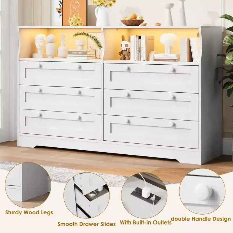 Wood Dresser, 55 Wide 6 Drawer Chest, Perfect for Organizing Bedroom, Living Room, Closet, and Hallway