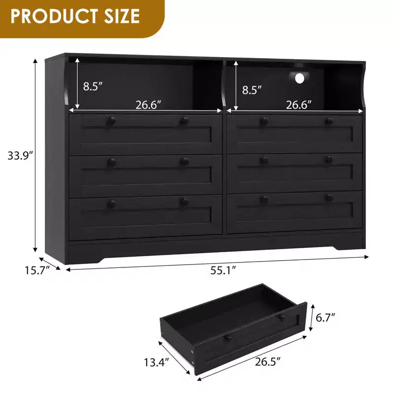 Wood Dresser, 55 Wide 6 Drawer Chest, Perfect for Organizing Bedroom, Living Room, Closet, and Hallway