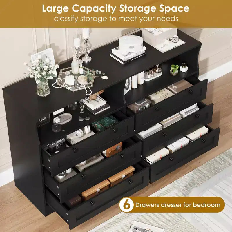 Wood Dresser, 55 Wide 6 Drawer Chest, Perfect for Organizing Bedroom, Living Room, Closet, and Hallway
