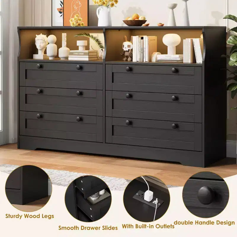 Wood Dresser, 55 Wide 6 Drawer Chest, Perfect for Organizing Bedroom, Living Room, Closet, and Hallway