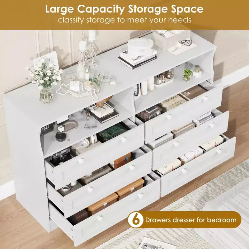 Wood Dresser, 55 Wide 6 Drawer Chest, Perfect for Organizing Bedroom, Living Room, Closet, and Hallway