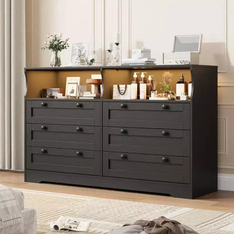 Wood Dresser, 55 Wide 6 Drawer Chest, Perfect for Organizing Bedroom, Living Room, Closet, and Hallway