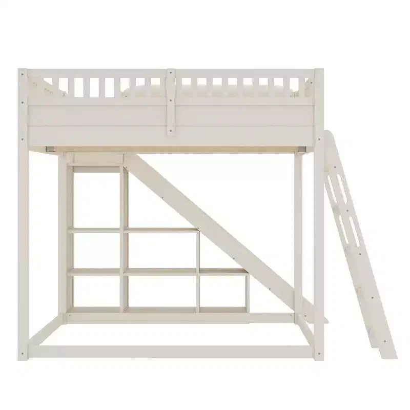Bellemave Loft Bed with Upholstered Headboard and Storage Shelves,Solid Wood Loft Bed Frame with Ladder and Slide for Kids