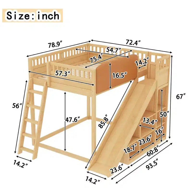 Bellemave Loft Bed with Upholstered Headboard and Storage Shelves,Solid Wood Loft Bed Frame with Ladder and Slide for Kids