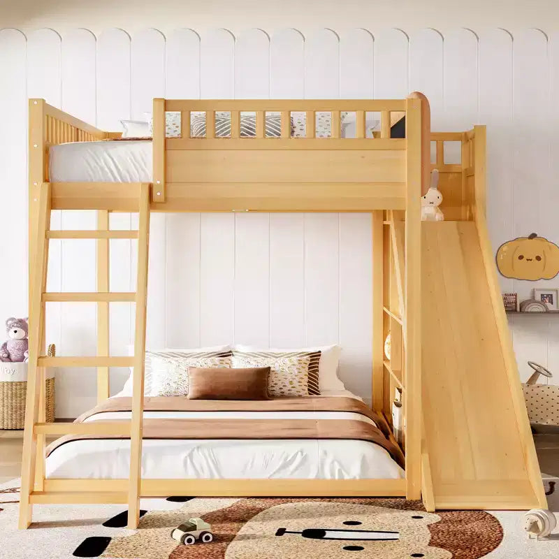 Bellemave Loft Bed with Upholstered Headboard and Storage Shelves,Solid Wood Loft Bed Frame with Ladder and Slide for Kids