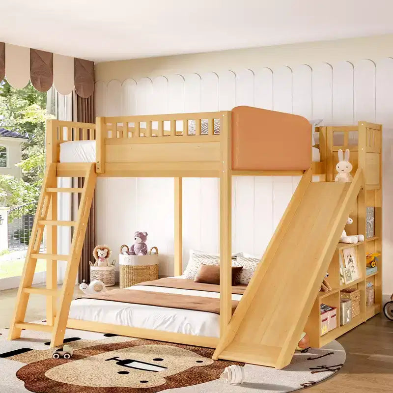 Bellemave Loft Bed with Upholstered Headboard and Storage Shelves,Solid Wood Loft Bed Frame with Ladder and Slide for Kids
