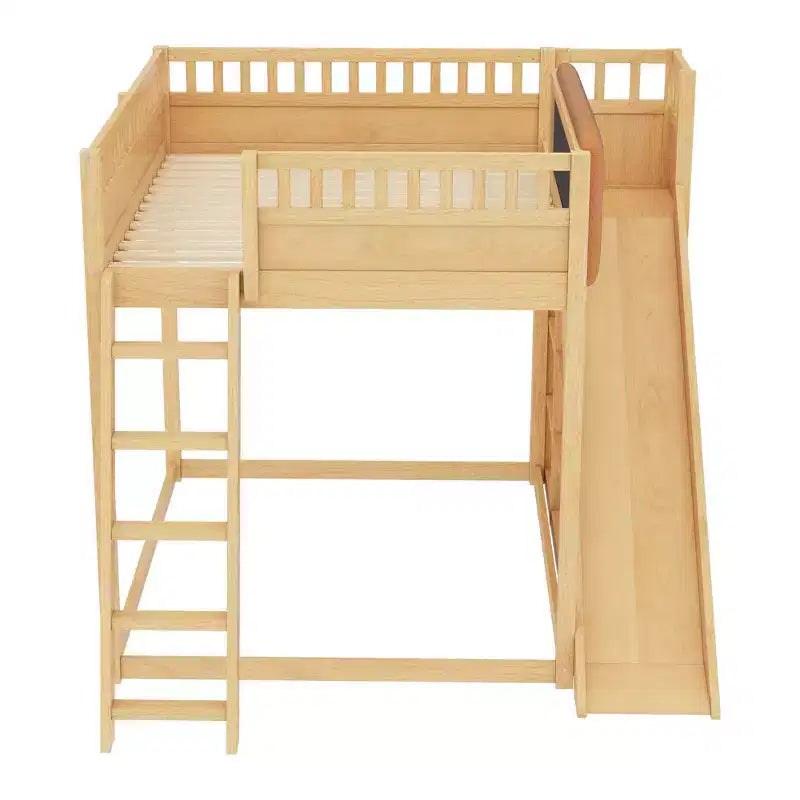 Bellemave Loft Bed with Upholstered Headboard and Storage Shelves,Solid Wood Loft Bed Frame with Ladder and Slide for Kids
