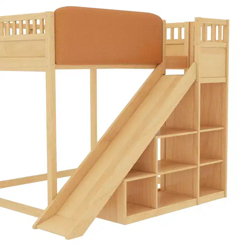 Bellemave Loft Bed with Upholstered Headboard and Storage Shelves,Solid Wood Loft Bed Frame with Ladder and Slide for Kids