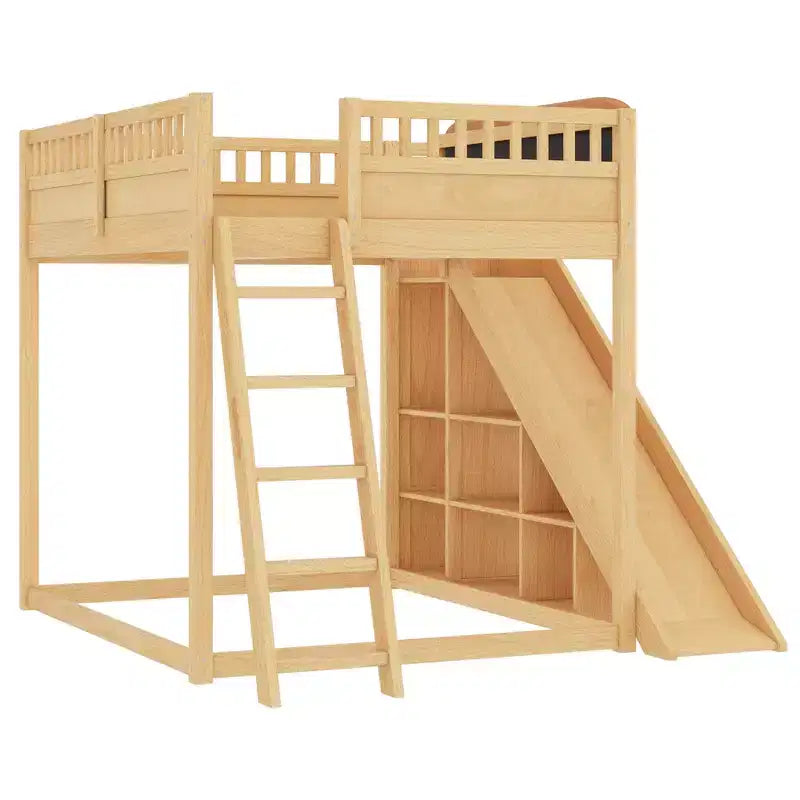 Bellemave Loft Bed with Upholstered Headboard and Storage Shelves,Solid Wood Loft Bed Frame with Ladder and Slide for Kids