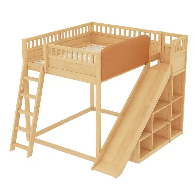 Bellemave Loft Bed with Upholstered Headboard and Storage Shelves,Solid Wood Loft Bed Frame with Ladder and Slide for Kids
