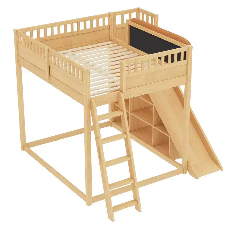 Bellemave Loft Bed with Upholstered Headboard and Storage Shelves,Solid Wood Loft Bed Frame with Ladder and Slide for Kids