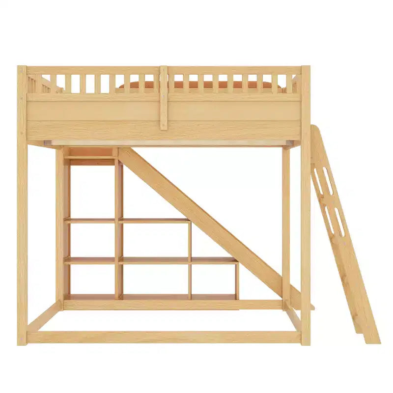 Bellemave Loft Bed with Upholstered Headboard and Storage Shelves,Solid Wood Loft Bed Frame with Ladder and Slide for Kids