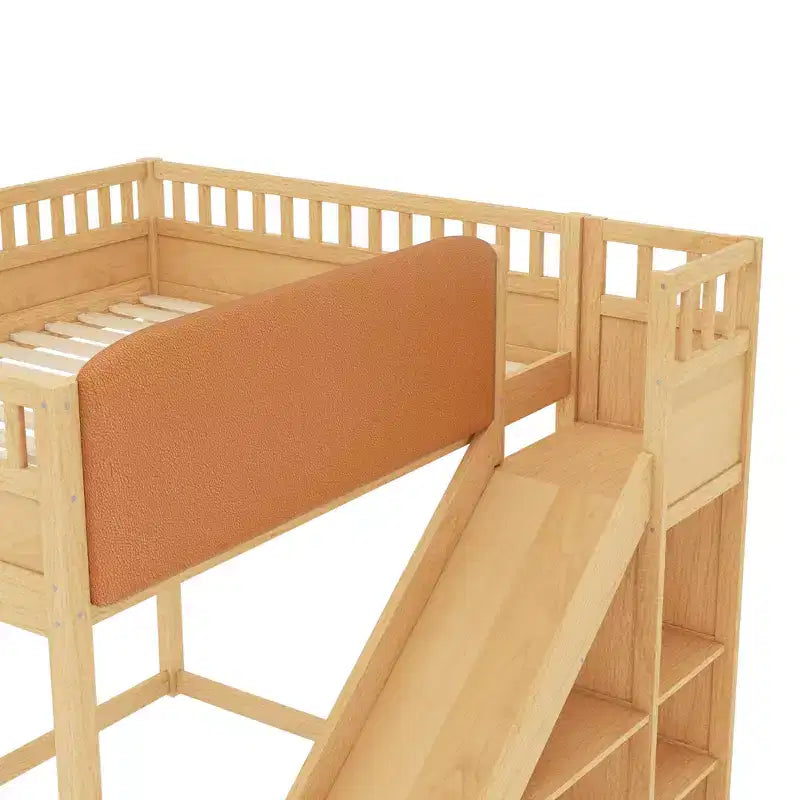Bellemave Loft Bed with Upholstered Headboard and Storage Shelves,Solid Wood Loft Bed Frame with Ladder and Slide for Kids