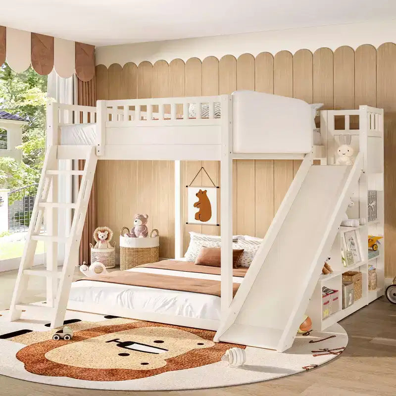 Bellemave Loft Bed with Upholstered Headboard and Storage Shelves,Solid Wood Loft Bed Frame with Ladder and Slide for Kids