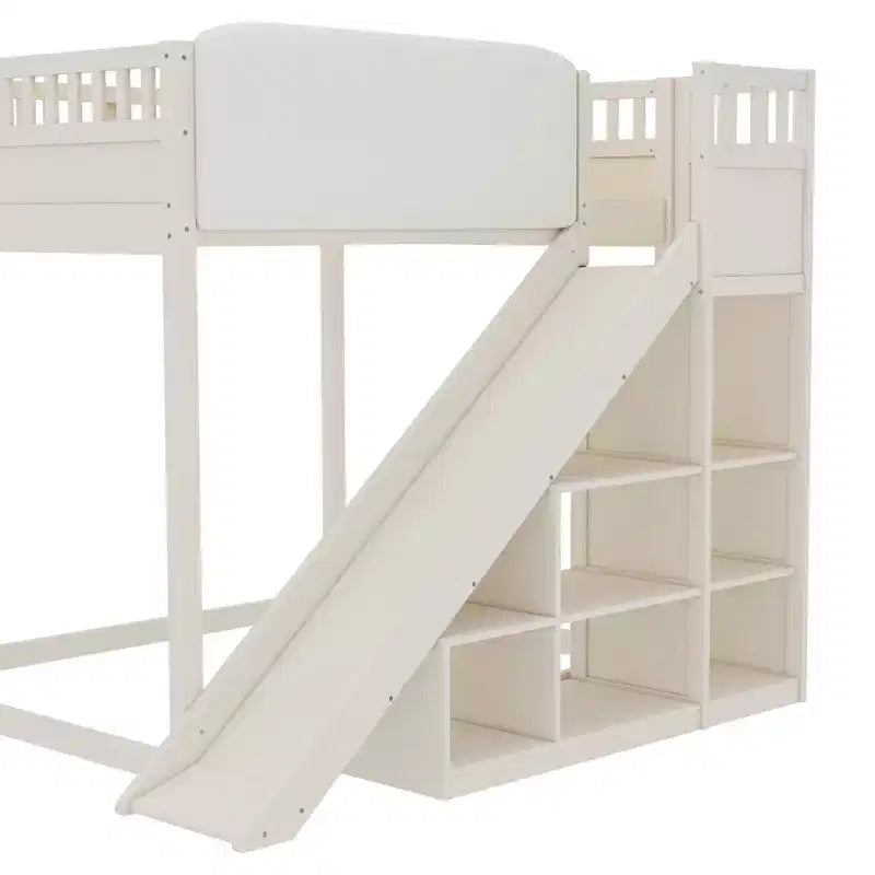 Bellemave Loft Bed with Upholstered Headboard and Storage Shelves,Solid Wood Loft Bed Frame with Ladder and Slide for Kids