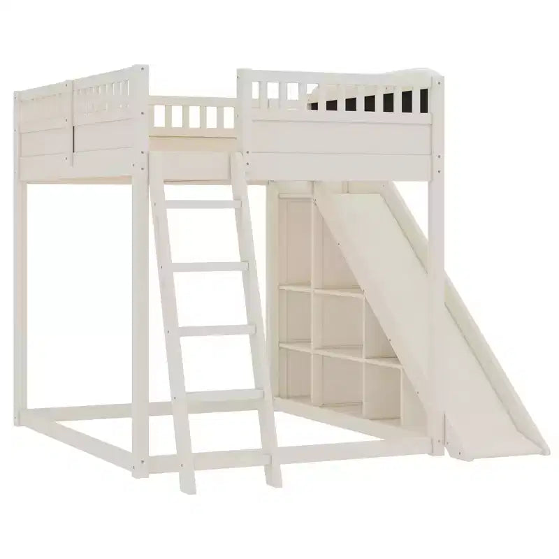 Bellemave Loft Bed with Upholstered Headboard and Storage Shelves,Solid Wood Loft Bed Frame with Ladder and Slide for Kids