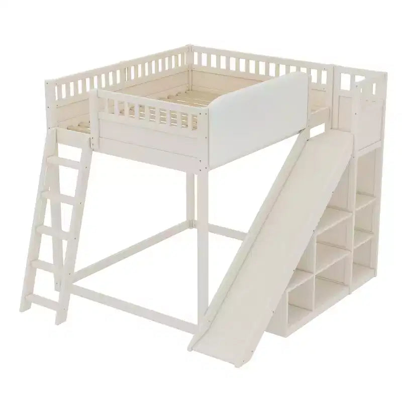 Bellemave Loft Bed with Upholstered Headboard and Storage Shelves,Solid Wood Loft Bed Frame with Ladder and Slide for Kids